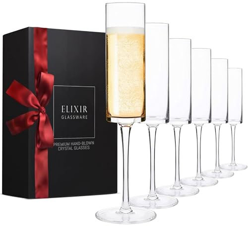 ELIXIR GLASSWARE Champagnerflöten – 170 ml – Set mit 6 Edge-Champagnergläsern – modernes und elegantes Kristall-Weinglas-Trinkset – Hochzeits-Champagnerflöte – Prosecco-Weinflöte
