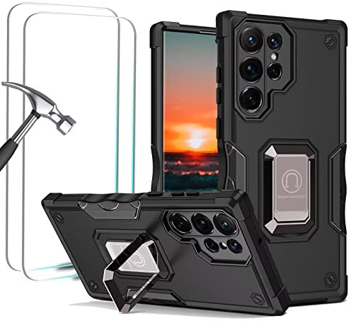 Jeelar ESONG Handyhülle für Samsung Galaxy S22 Ultra 5G,Militär Handy Hülle Stoßfeste Cover Case mit Magnetische Autohalterung/2 Panzerglas Schutzfolie,Ständer Schutzhülle,Schwarz