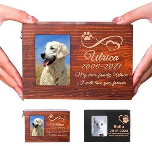 Buaodam Personalisiert Hunde urnen, Katzen urnen Gravur Namen, Datum und Text, Personalisierte Holzurne/Ascheschatulle mit Fotoschlitz Urn Souvenir Holzbox für Hund Katze(Gravurverfahren)
