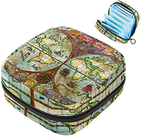 Vintage Weltkarte Atlas Piraten Abenteuer Muster Sanitär Serviette Aufbewahrungstasche Menstruation Pad Tasche Tragbare Menstruationstasse Tasche mit Reißverschluss für Teenager Mädchen Frauen Damen