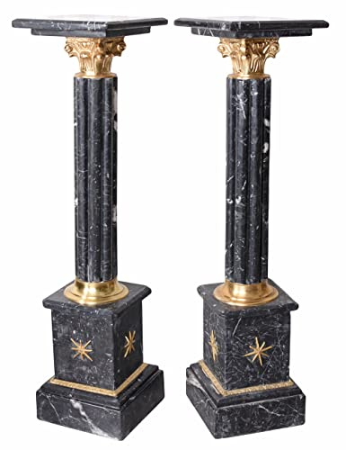 PALAZZO INT 2er Set MARMORSÄULEN „JARDINO SECRETO“ – Barock Säulen aus schwarzem Marmor mit Messingverzierung Antik Stil frostfest Podest für Figuren Büsten Pflanzen Höhe 105 cm Ablage 29×29 cm