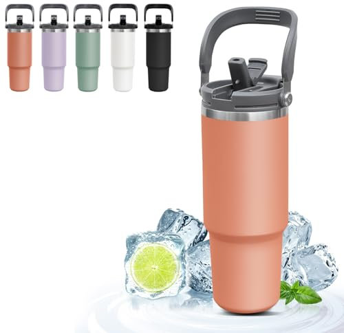 900ml Thermobecher mit Deckel und Strohhalm, Edelstahl Thermal Mug Trinkbecher Personalisierte Thermobecher Coffee to go Autobecher Isolierbecher Für Kalte Heiße Getränke(Orange)