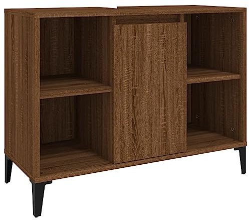 vidaXL Waschbeckenunterschrank, Badschrank mit 5 Fächern, Waschtisch Unterschrank mit Metallfüßen Tür, Schrank Badunterschrank Badmöbel, Braun Eichen-Optik Holzwerkstoff