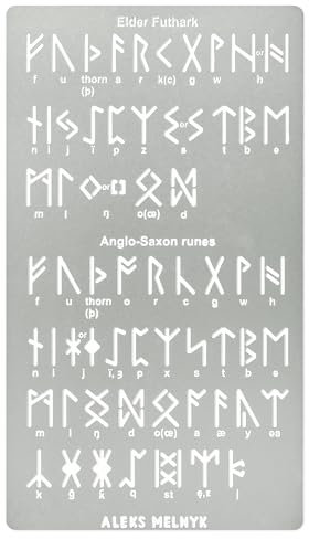 Aleks Melnyk Nr.409 Metallschablone, Elder Futhark und angelsächsische Runen 0,5 Zoll, altes Alphabet, Siegel, magische Alphabet-Schablone Vorlage für Holzverbrennung, Brandmalerei-Gravur