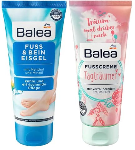 Balea 2er-Set: Fußcreme FUSS & BEIN EISGEIL mit Frische-Wirkformel aus Minzöl, Menthol & Kampfer für müde, strapazierte Füße & Beine (100 ml) + Fußpflege Creme TAGTRÄUMER (100 ml), 200 ml