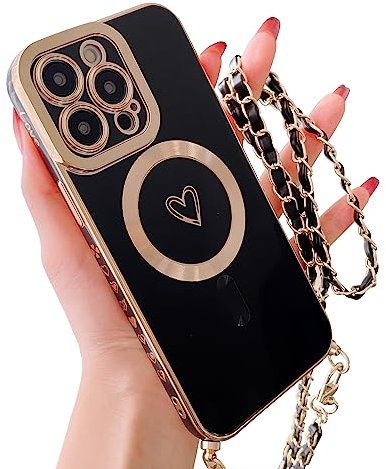ECZOIL Crossbody Case for iPhone 13 Pro Case with Chain,Compatible with MagSafe,Full Camera Lens Protection Cute Heart Slim Soft TPU Case for iPhone 13 Pro for Girls Women-Black