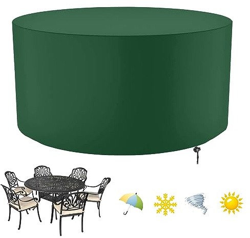 Abdeckung für Gartenmöbel, Runde Schutzhülle für Gartentisch mit Kordelzug, Gartenmöbel Abdeckung Rund Multi Größe, 420D Oxford-Gewebe, wasserdicht, winddicht, UV-beständig(Φ150×H70cm)-Grün