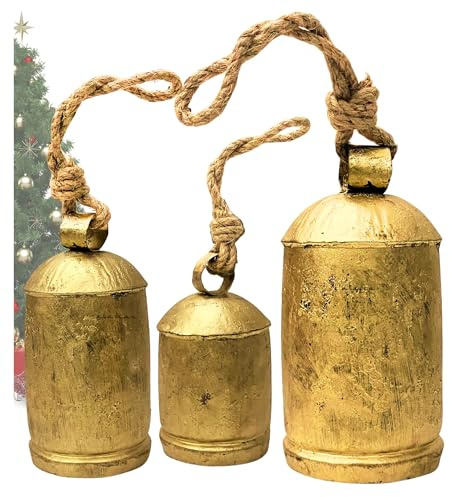 Decorative Cow Bells Set of 3 Large Harmony Bells - Vintage Giant Christmas Bells, Country Rustic Cowbell on Jute Rope XL Hanging Lucky Golden Bells (4-6-8)