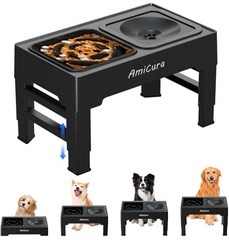 Amicura Gamelle Chien Surelevee, 2-en-1 Gamelle Surélevée avec Gamelle d'eau Anti-éclaboussure et Acier Inoxydable, 4 Hauteurs RéGlables pour Petits Chien Chat de Compagnie, Moyens et Grands