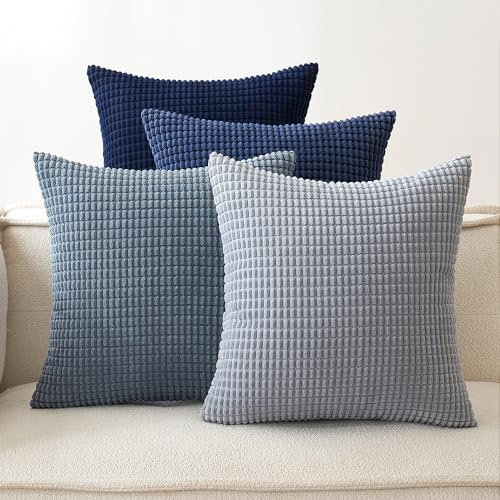 EMEMA Kordsamt Kissenbezug 4er Set Dekokissen Granulat Sofakissen Dekorative Kissenbezüge Couchkissen Kissenhülle Weich Kissen Bezug Zierkissen für Sofa Couch Wohnzimmer 50x50 cm Dunkelblau Serie