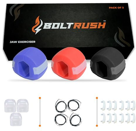 BOLT RUSH Jaw Exerciser, Jaw Trainer for Jawline,3 Levels of Resistance - Includes 12 x Biting Strips, 4 x Neck Straps, Jaw Toner for Face (Pack of 3)