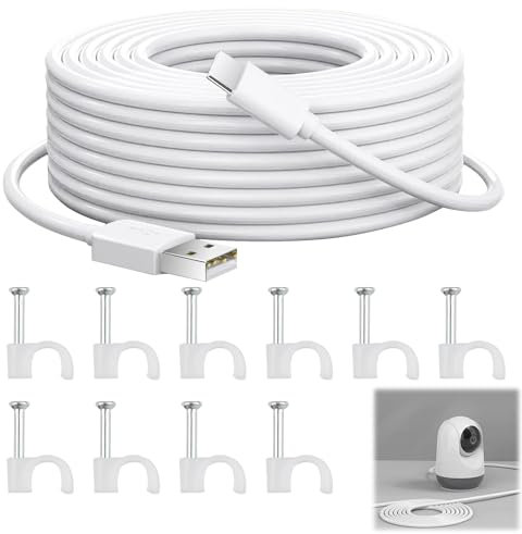 JUGNAW Câble USB C Ultra Long de 10m pour Caméras de Sécurité X iaomi Mi et Autres Marques - 66W Charge Rapide USB Cable, Installation Facile avec Pinces, PVC Durable, Exclusivement pour Alimentation