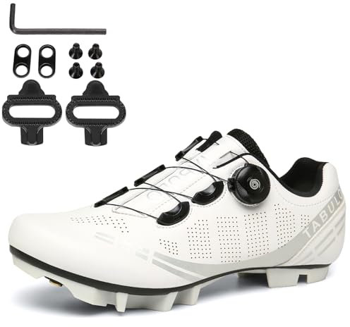 PENXZT MTB Radsportschuhe Herren Damen Mountainbike Schuhe Kompatibel Mit SPD 2 Schrauben Mit Cleats, Unisex Fahrradschuhe Draussen,Weiß,47 EU