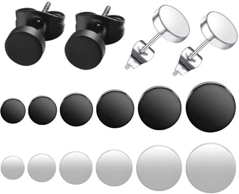 HZAOPZE 12 Paar Dot Ohrstecker Unisex Edelstahl Ohrstecker Runde Flat Top Ohrringe Schwarz Set Damen Herren Mädchen (3mm-8mm) Halloween Punk Rock Ohrstecker, schwarz und Silber