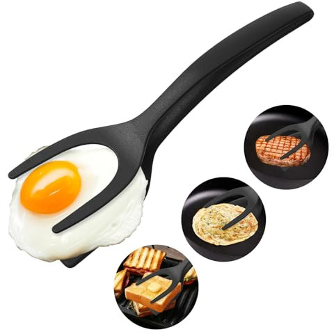 1 Pz Egg Flipper 2 in 1 Grip and Flip Spatola Nero Pinze Fritte Spatola per uova fritte antiaderente Cucina Flipper Spatola Pinze per Flipping Pancake Pesce French Toast Omelette Fare per la Casa