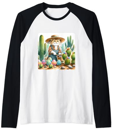 Chat jardinier avec chapeau de paille tendant aux œufs cactus Pâques Manche Raglan