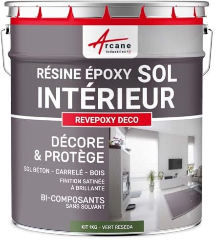 ARCANE INDUSTRIES Peinture Sol, résine epoxy, Peinture pour Sol, Salon, Cuisine, Salle de Bains, Effet Miroir : Revepoxy Deco - 1 kg (jusqu'à 5 m² en 2 Couches) Vert Réséda - RAL 6011