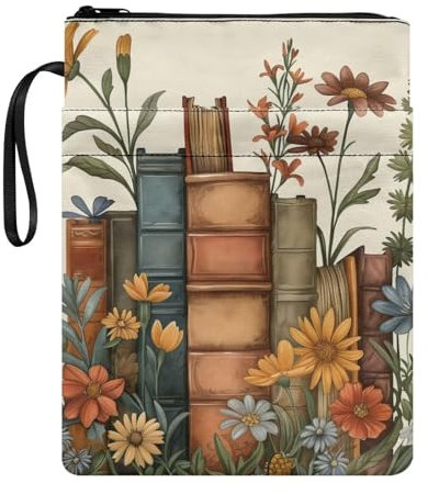 Wanyint Buchumschlag Buchschoner mit Reißverschluss und Vordertasche, 29,5 x 21,6 cm, leichte Buchhülle für Bibliothek, Camping, Schule, Büro, Buchclub, Bücher, Blume, Beige