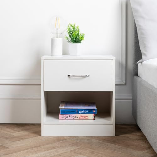 Home Treats Wooden Bedside Table White | 1 Draw Nightstand with Storage Shelf | Side Table Bedroom Storage Furniture (Set of 1, White)