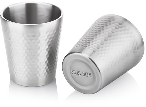 Hejo Set of 2 Stainless Steel Cups, 10oz/300ml Silver Surface Dot Texture Metal Cups, Perfect for Cold Drinks, Stackable Double Wall Steel Mug, Heat Resistant Dishwasher Safe