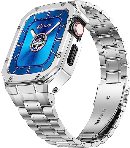 HASLFM Edelstahl Armband mit Gehäuse Kompatibel mit Apple Watch 44mm（Series 6/5/4 42mm(Series 3/2/1), Robustes Metall iWatch Band und Schutzhülle für Series 6/5/4/3/2/1/SE3/2/1 Männer,Silber