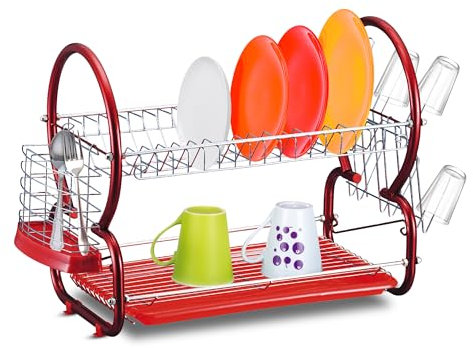 AKH 2-Tier Stainless Steel Dish Drainer Rack with Cutlery Holder, Cup Holder & Drip Tray - Rust-Free Draining board rack, Compact Kitchen Sink Drainer Rack for Plates, Bowls & Utensils (Red)