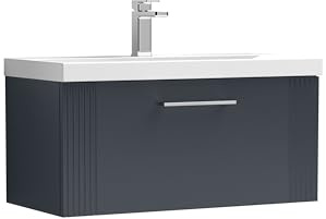 Balterley Vanity Unit with Basin Wall Hung, Single Drawer Soft Close with Thin Edge Sink and Handle, Bathroom Vanity Units with Basin, Partial Fluted Sink Cabinet - 810 x 395 x 409mm (Dark Grey)