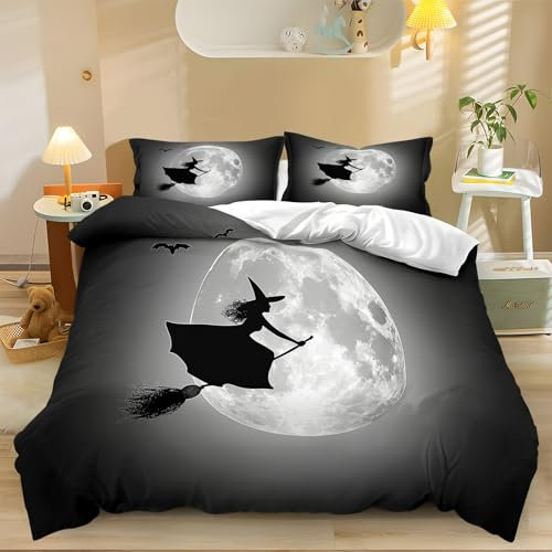 Halloween Full Moon Witch Broom Duvet Cover 3D Printed Bedding Set 3 Pieces with 2 Pillowcases, Gray Soft Microfiber Lightweight Quilt Cover for Kids Girls Boys Teens Room Decor 220x230cm