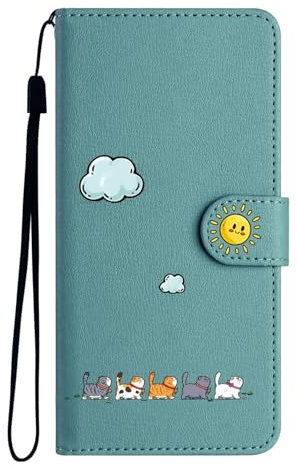 Nbziyoo Lovely Cats Phone Case for iPhone 12 mini,Cute Cats/Sun Flip Wallet Case with Card Slots, Premium Magnetic PU Leather Cover Case for iPhone 13 mini,Green