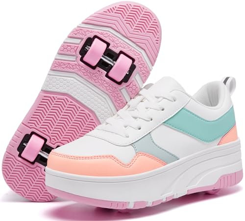 ANEFUN Ragazzi Ragazze Scarpe con Ruote Pattini Pattinaggio Bambini Pattini a Rotella Scarpe con 4 Ruote Rimovibili Comfort Sport Outdoor per Bambini, Luna Rosa Bianca, 33 EU