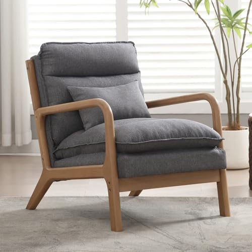 Modern Armchair, Upholstered Lounge Accent Chair with Plump Back Pillow, Comfy Reading Chair with Solid Wood Frame for Bedroom Living Room (1, Grey)