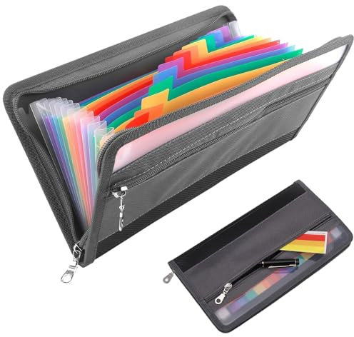 Fächermappe A5, Dokumentenmappe Mit Reißverschluss Und Bunten Etiketten, Ordner Dokumenten Mappe Mit Fächern, Receipt Organiser 29 X 16 Cm, Fächermappe Für Schecks Rechnungen Quittungen Coupon