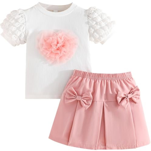 Yaopelky Vestiti Estivi per Bambina 2 Pezzi Set Gonna a Sbuffo Manica Corta t-Shirt Gonna a Pieghe Festa di Compleanno Vestiti Ragazza, Rosa,5 Anni