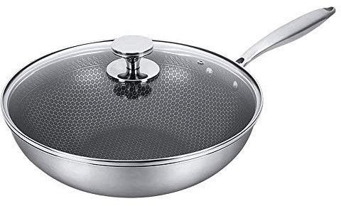 GSZCCZS Einfach zu reinigende Pfanne, 304 Edelstahl Wok Full Wabe No-Smoke Non-Stick-Kocher-Induktionskocher Gas-Rühre-Eisen-Topf-Sicht