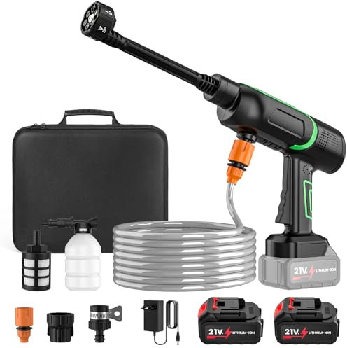 Mioanser Idropulitrice a Batteria, 50 Bar, Portatile, 2 x 3.0Ah Batterie, Ugello 6 in 1, Regolazione Pressione 3 Stadi, Adatta per Auto e Giardino