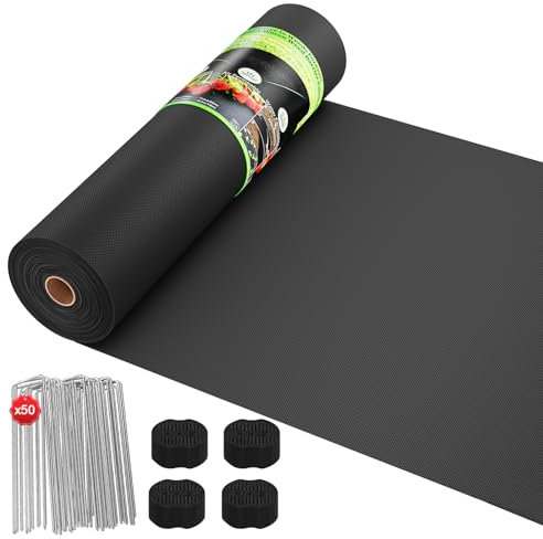 OUNUO Unkrautvlies Gartenvlies 100g/m² gegen Unkraut, 1mx50m Rolle Unkrautgewebe Extra Stark mit 50 Erdanker, 50m² Unkrautfolie Wasserdurchlässig, Reißfestes Unkrautflies mit hohe UV-Stabilisierung