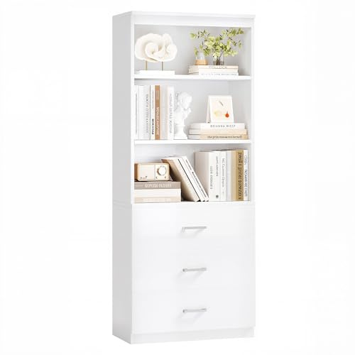 Flrrtenv Bookshelf 6-Tier Tall Bookcase with Drawers, Modern Wood Book Shelf Storage Cabinet, Freestanding Open Display Shelves for Bedroom, Living Room, Office, White