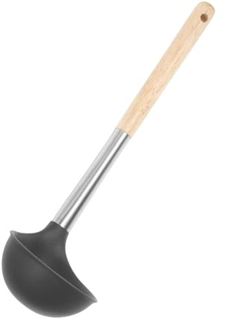 LOLIPPYY Heat Resistant Silicone Soup Ladle with Ergonomic Wooden Handle Stainless Steel Core Cooking Spoon for Gravy Sauces Asian and Japanese Soup Dishwasher Safe Kitchen Utensil