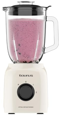 Taurus - Batidora de Vaso Potente 1500W | 21.500 rpm | Jarra Cristal 1,8L | Cuchillas Acero Inoxidable | Función Pica Hielo | 2 Velocidades + Turbo | Seguro | Diseño Vintage