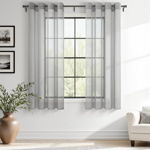 MRTREES Graue Voile-Vorhänge 137 cm Länge, Kurze Durchsichtige Netz-Vorhänge mit Ösen für Schlafzimmer, Wohnzimmer, Café, Küche, 2 Paneele, halbtransparente Fensterbehandlungen, 117 x 137 cm (B x L