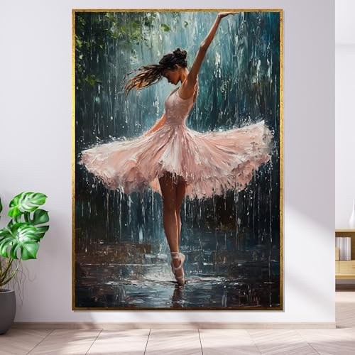 Ballett im Regen Mädchen Leinwand, Tänzerin Wandbild, Eleganter Ballett-Druck, Kunst-Leinwanddesign, Gemälde-Kunstbilder Dekoration (60x80cm/Innenrahmen)