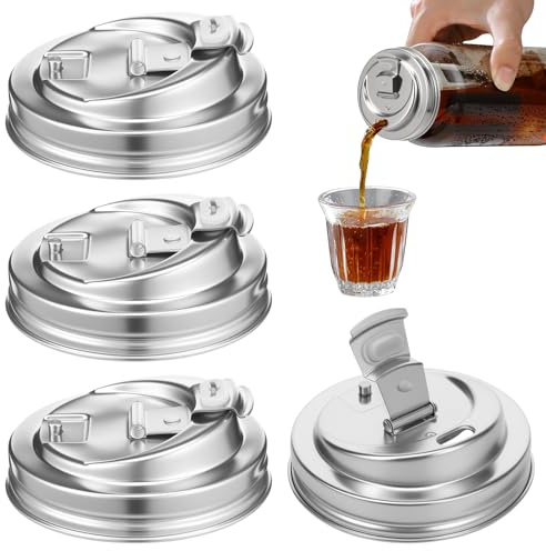 4 Pcs 304 Stainless Steel Mason Jar Drinking Lid, Leak Proof Splash Resistant Tumbler Lids, Reusable 3.38 inch Wide Mouth Mason Jar Sip Lid for Home Brewing Fruit Fermenting Beverages