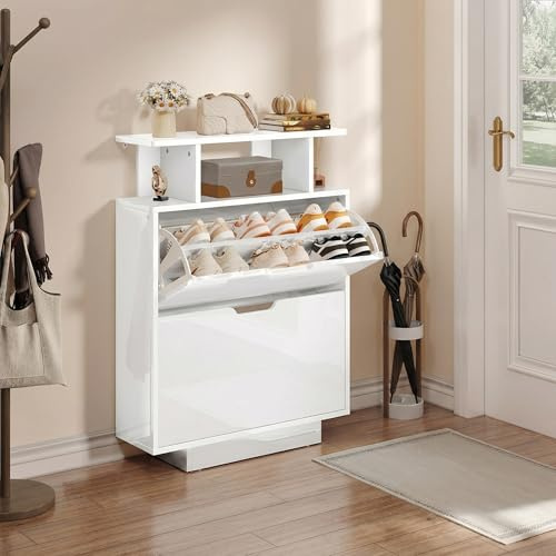 YITAHOME Schuhschrank Schmal Hochglanz, Schuhkipper mit 2 Klappen,80 x 24 x 106 cm Schuhregal schmal, Schuhschrank Weiss für den Eingang, Flur, Wohnzimmer, unterschiedliche Fachhöhen (37/43 cm)