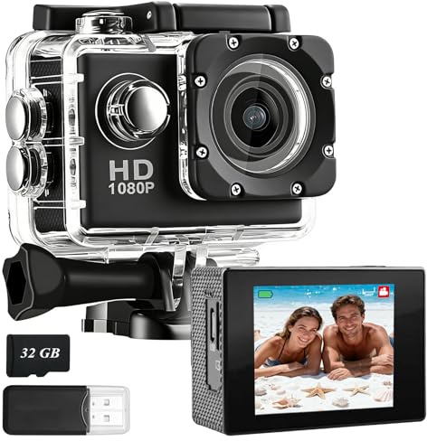 PQETBV Action Camera 4K, Telecamera Subacquea Impermeabile da 30 m, Obiettivo Grandangolare 120° Telecamera Sportiva, 2 Batterie e Kit di Montaggio, Action Cam per Snorkeling