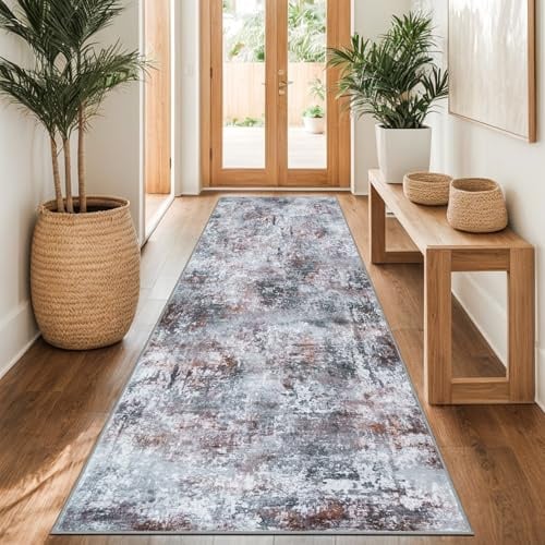 Capslpad Teppich Läufer Flur 80x300cm Rot-Grau Abstrakter Waschbar rutschfest Küchenläufer Teppich Modern Minimalistisch Kurzflor Kunstwolle Teppiche für Wohnzimmer Schlafzimmer