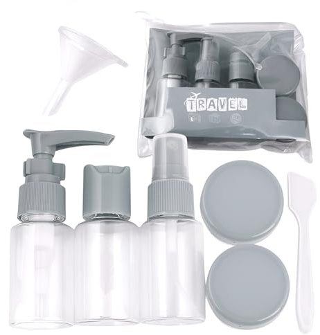 Reiseflaschen Set 7-teilig mit Kulturbeutel – 30 ml Reisebehälter mit Pumpflasche, Sprühflasche & Döschen + Trichter & Spatel – auslaufsicher, nachfüllbar, handgepäcktauglich, Farbe: Grau