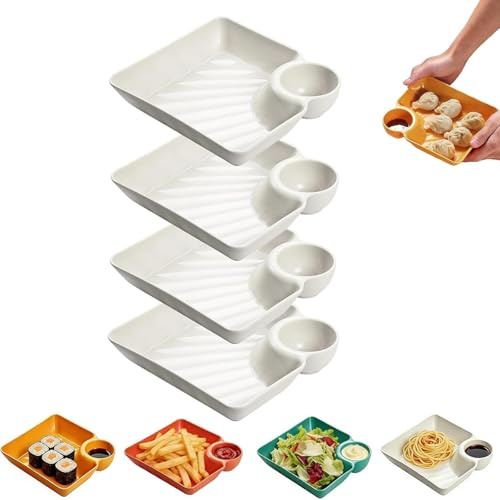 HTU 4 platos para servir con compartimento para mojar, plástico, cuadrado, para sushi, aperitivos, blanco