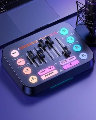 New Bee Gaming Audio Mixer für PC, Streamer, RGB Soundkarte für XLR-Mikrofone, unabhängige Lautstärkeregler, individuelles Soundboard mit Stimmeffekten, für Gamer, YouTube Live Creators und Podcaster