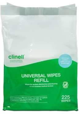 Clinell Universal Cleaning and Disinfectant Wipes for Surfaces - Pack of 225 Wipes - Refill Pack - Multi Purpose Wipes, Kills 99.99% of Germs, Quick Action