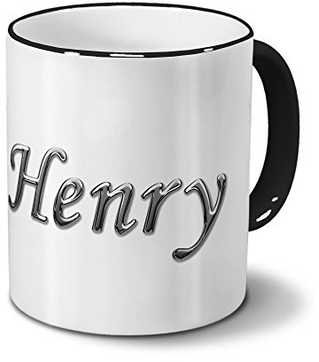 printplanet Tasse mit Namen Henry - Motiv Chrom-Schriftzug - Namenstasse, Kaffeebecher, Mug, Becher, Kaffeetasse - Farbe Schwarz